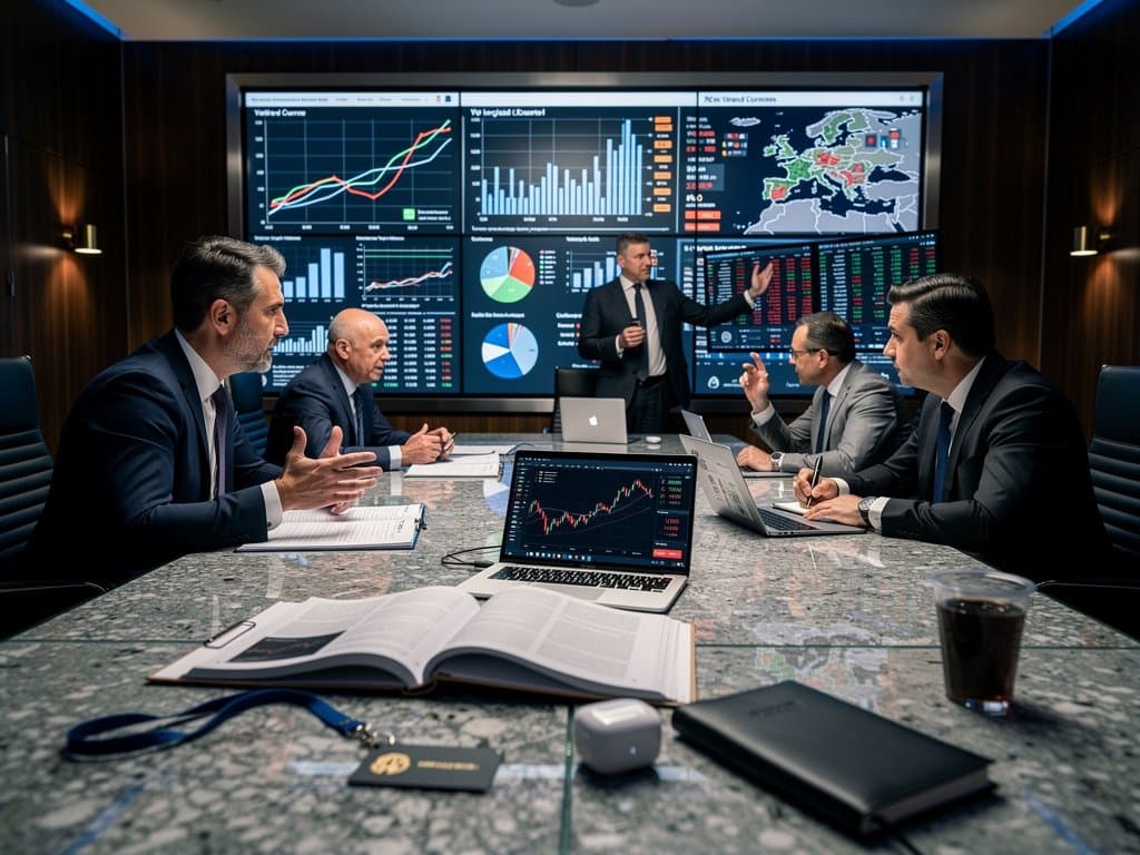 ECB room with MiCA docs, crypto charts at Fear Index 32, BTC prices on screens amid policy discussions