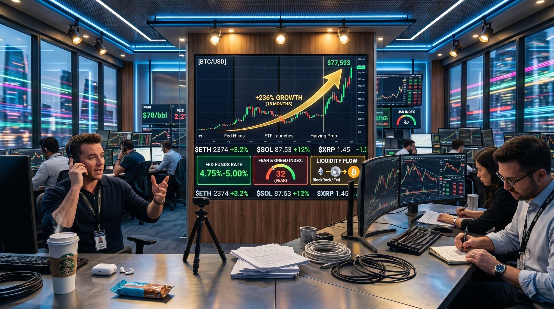 Financial dashboard showing top cryptocurrency Bitcoin 236% growth projection amid macro indicators